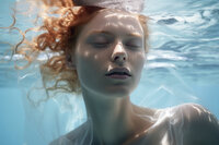 Visage d'une jeune femme apaisée immergée dans une eau cristalline.