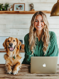 Client's headshot beside a laptop with the purchased Boss Breeders template