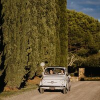 A newlywed couple in a vintage white Fiat 500 on a cypress-lined driveway in Montalcino.