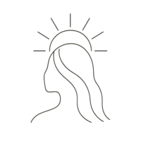 A clean, minimalist line drawing of a woman’s silhouette with flowing hair and a rising sun above, designed to evoke calm, wellness, and rejuvenation, ideal for spa or self-care promotions.
