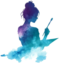 Watercolor silhouette of a woman with a palette and paint brush. The figure is painted in vibrant turquoise and blue hues