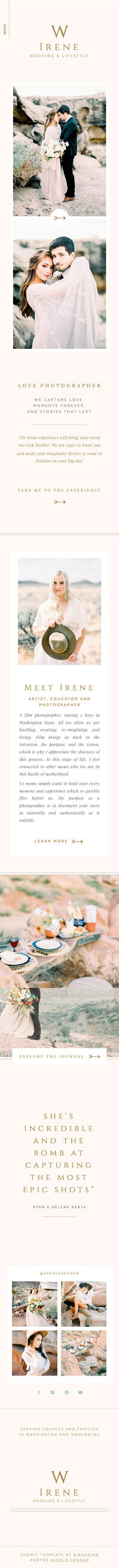 Irene Showit mobile template, featuring a soft, serene design ideal for creatives and photographers, fully responsive for mobile devices.