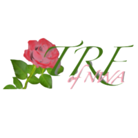 TRF logo in pink and green with rose