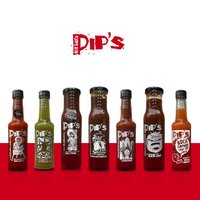 Six Pip's Hot Sauce bottles in a row with illustrated labels, varying in colors and flavours, displayed against a red and white background.