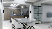 visualisatie houten keuken, kookeiland, grijze eettafel met lichtgrijze stoelen