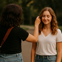 Photographer adjusting a client’s hair during a portrait session outdoors, offering outfit and styling guidance to help the client feel confident and photo-ready.