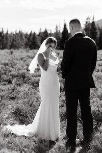 bride and groom standing in a field