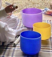 3 bowls purple yellow and blue on a blanket