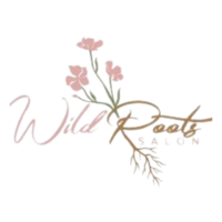 Script font with words "Wild Roots" and a simple bouquet of wild flowers.