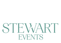 An elegant wedding planner logo that reads RJ with white text, stacked on top of the words Stewart Events in a sage green color