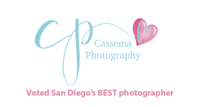 Maternity, Newborn & Family Photographer, Cassema Photography Logo, it reads "voted San Diego's Best Photographer"