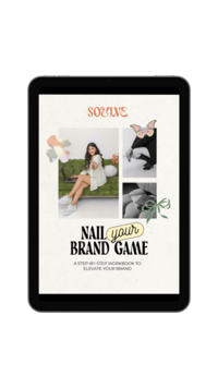 A tablet screen displaying the cover of Soulve Studio's digital guide titled "Nail Your Brand Game." The cover features a stylish photo of Bel, the founder, sitting on a green sofa, along with additional creative images. Decorative elements such as butterflies and ribbons add a playful touch, while the bold typography emphasizes the guide’s focus on elevating brand aesthetics and strategy.