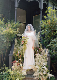 Bride wearing a two layer waterfall style veil