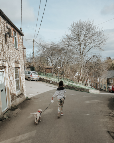fallback shared on Invalid Date | A girl walks her puppy, a white labrador, in a country village on a winter day. There ar...