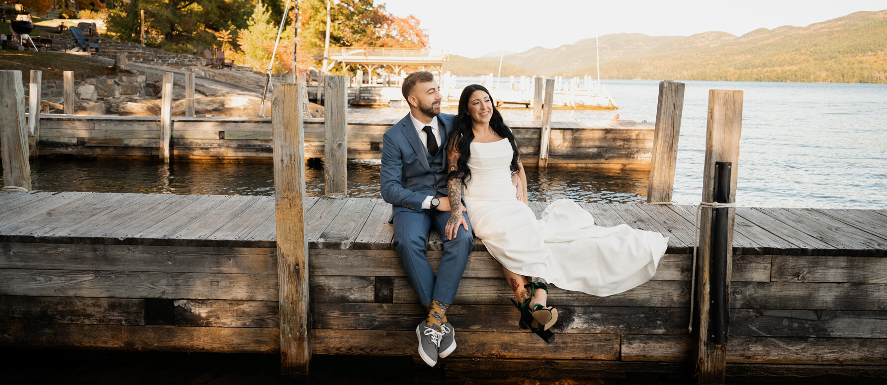 A couple taking in the views of Lake George during their Aidrondack wedding day.
