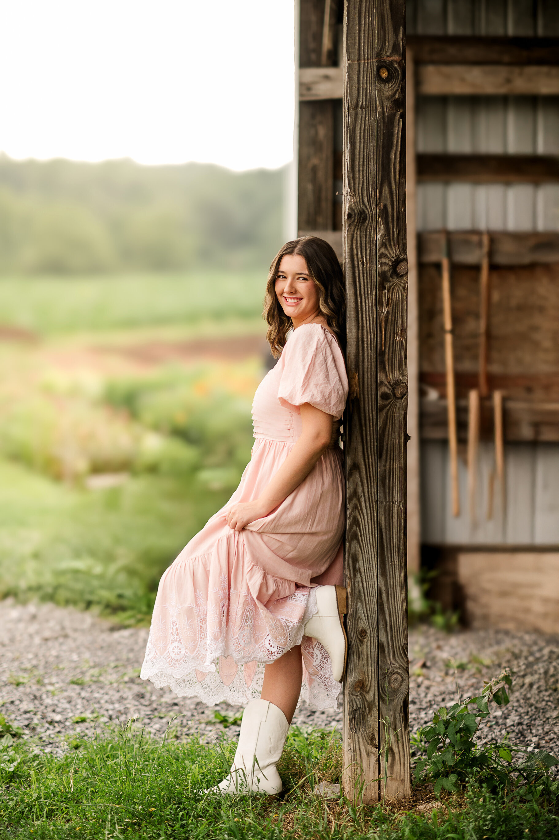 Senior girl in a pink dress leaning on a barn post at John Rudy Park in York, PA