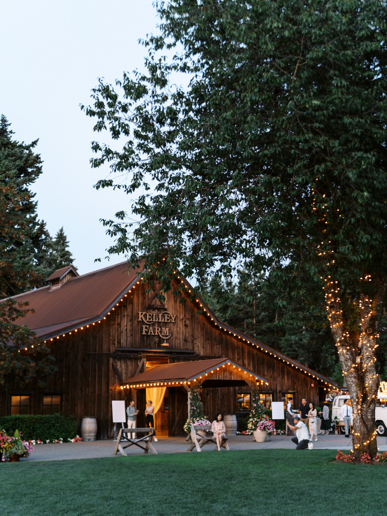 rustic barn wedding venue at night