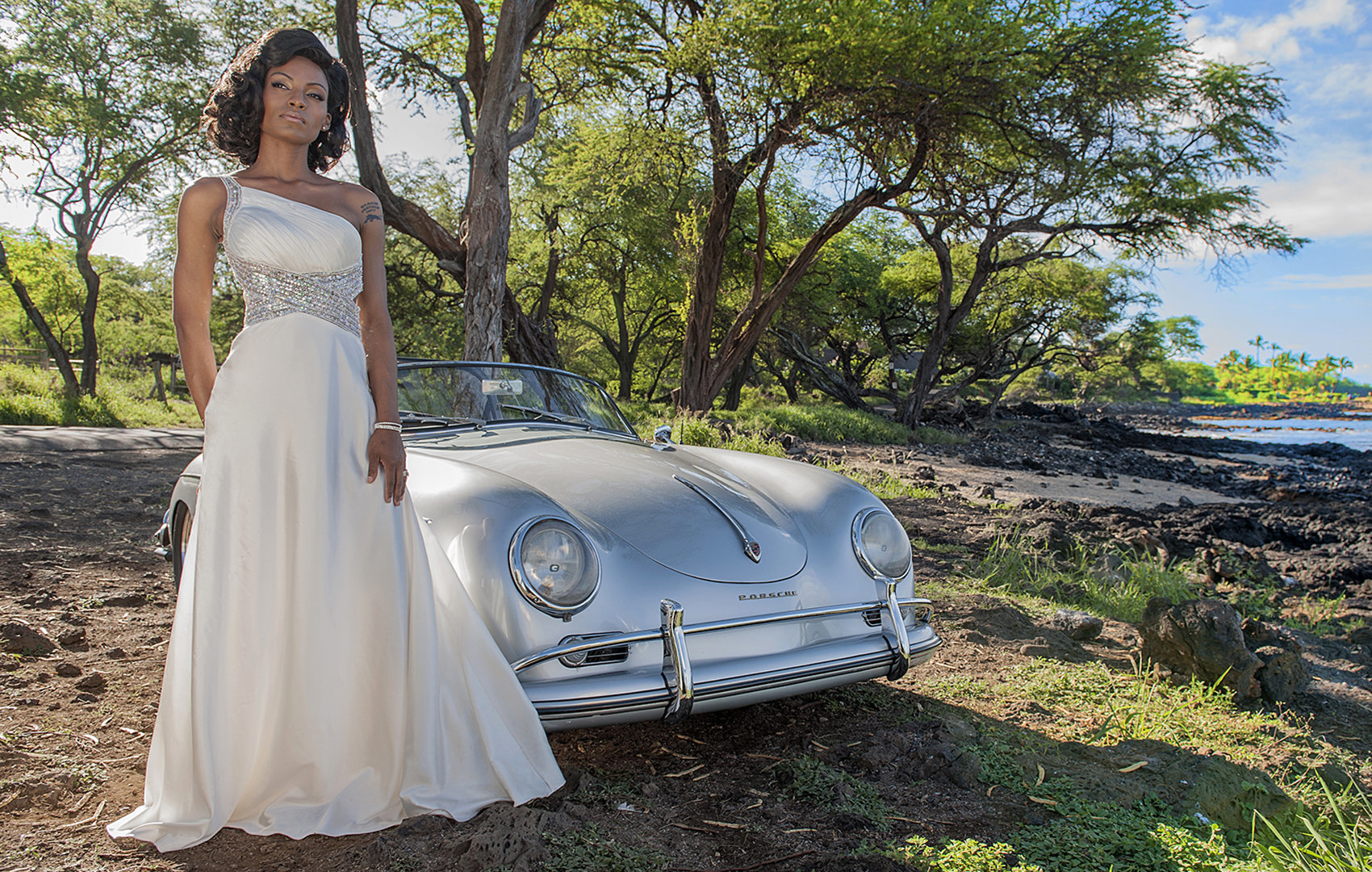 bride and her classic car take a ride on the Maui coast