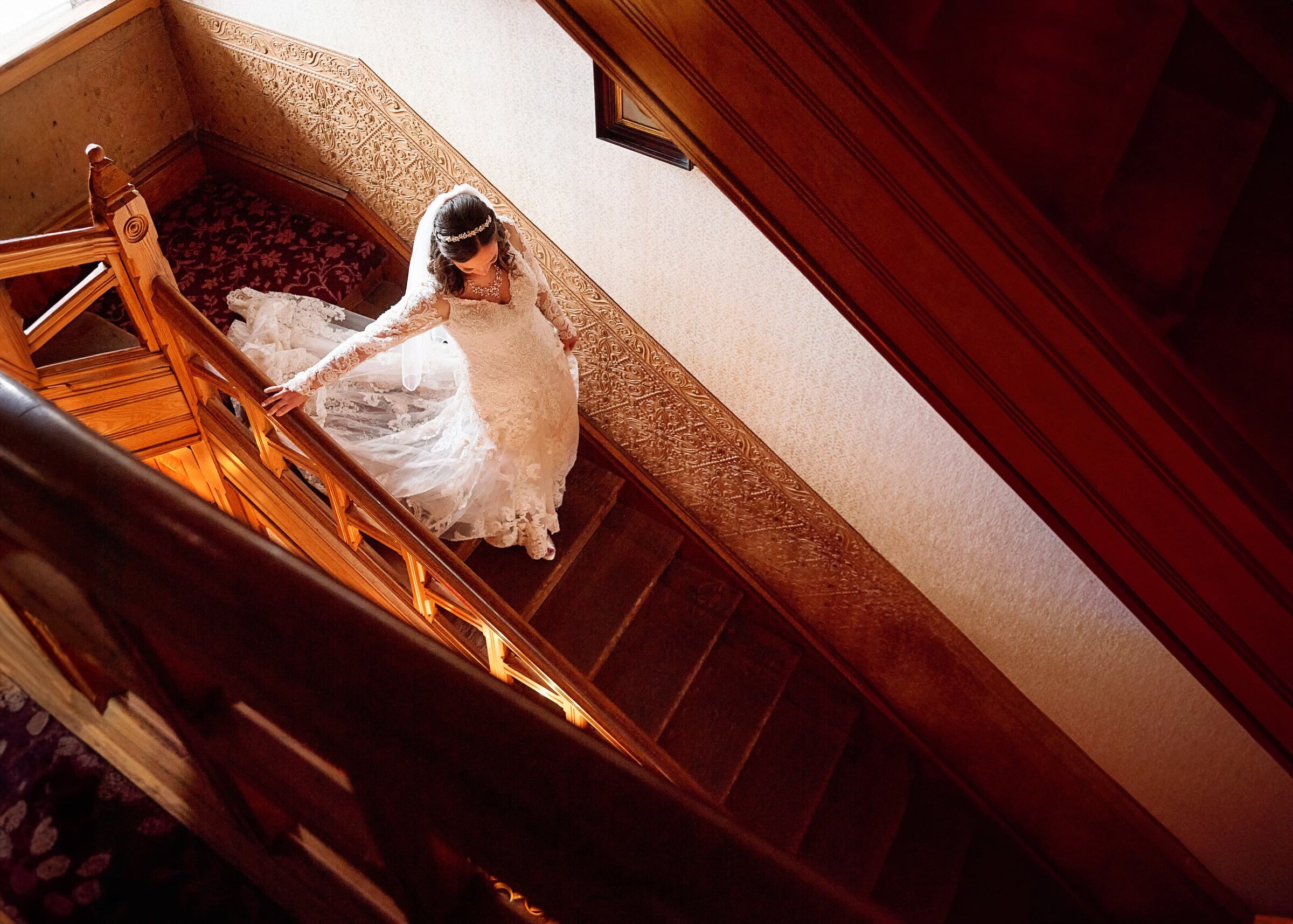 bride walking downstairs
