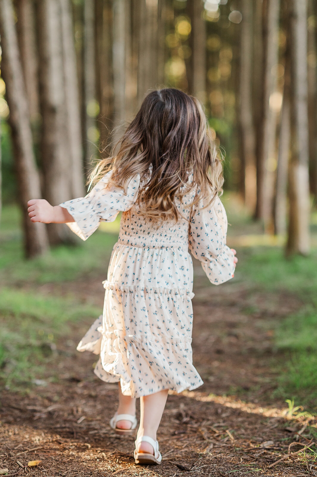Little girl spinning in a flowy dress during fall mini session in lancaster, PA woods overlook park