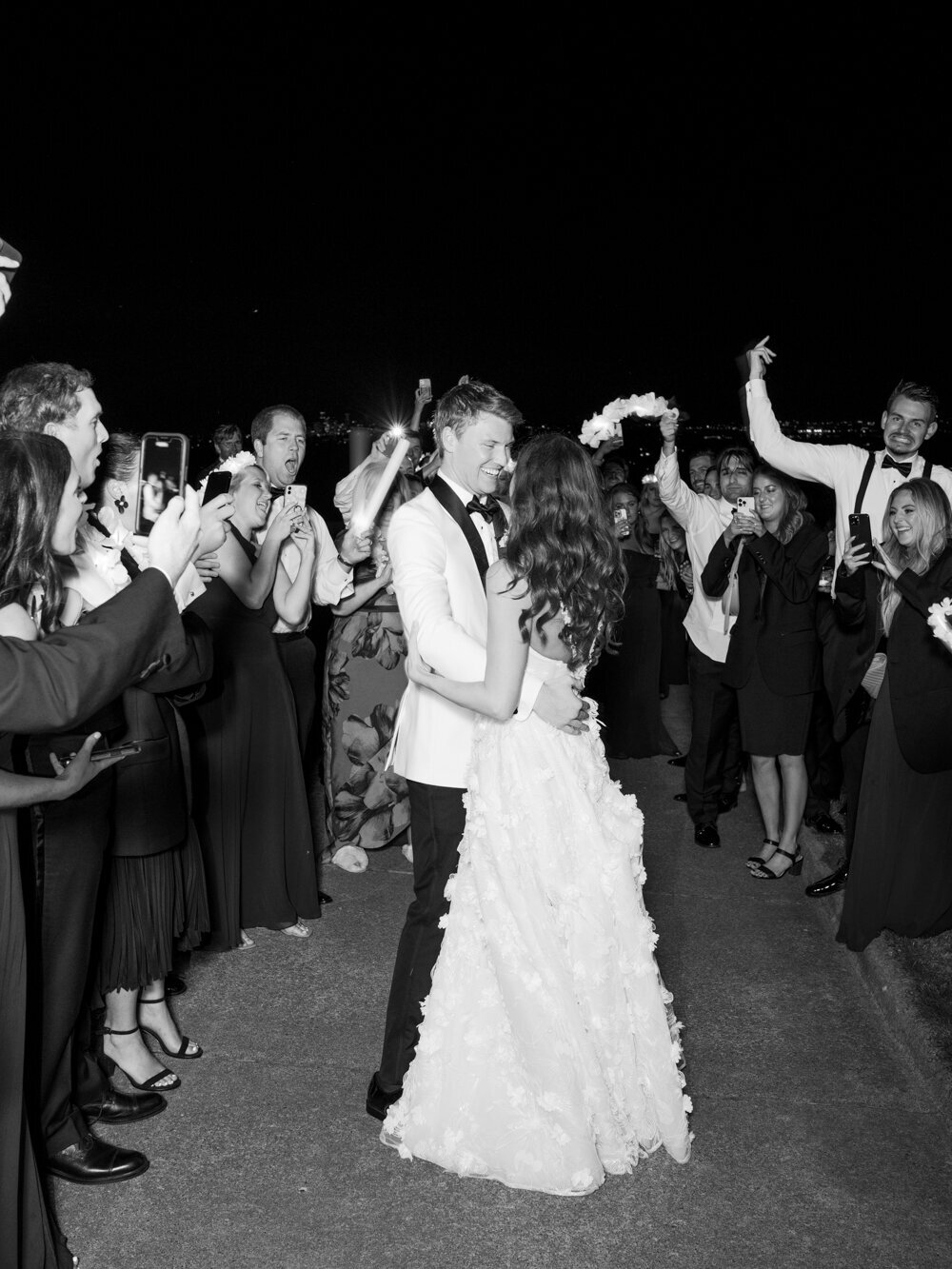 black and white wedding send off photo