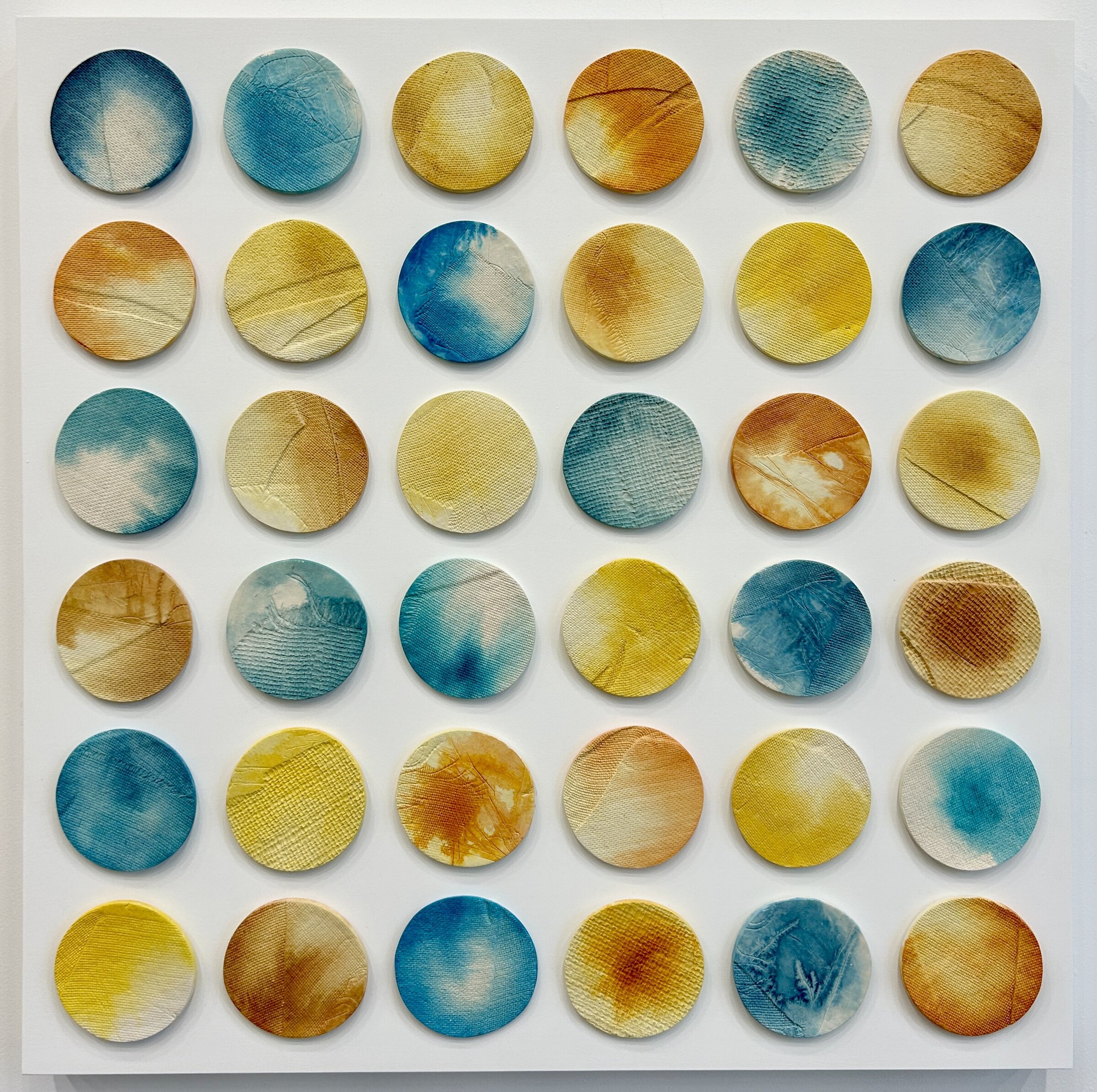 Emily Mann, Ink and Indigo, customizable dimensional wall artwork, paperclay disks with watercolor, 36x36-1 (1)