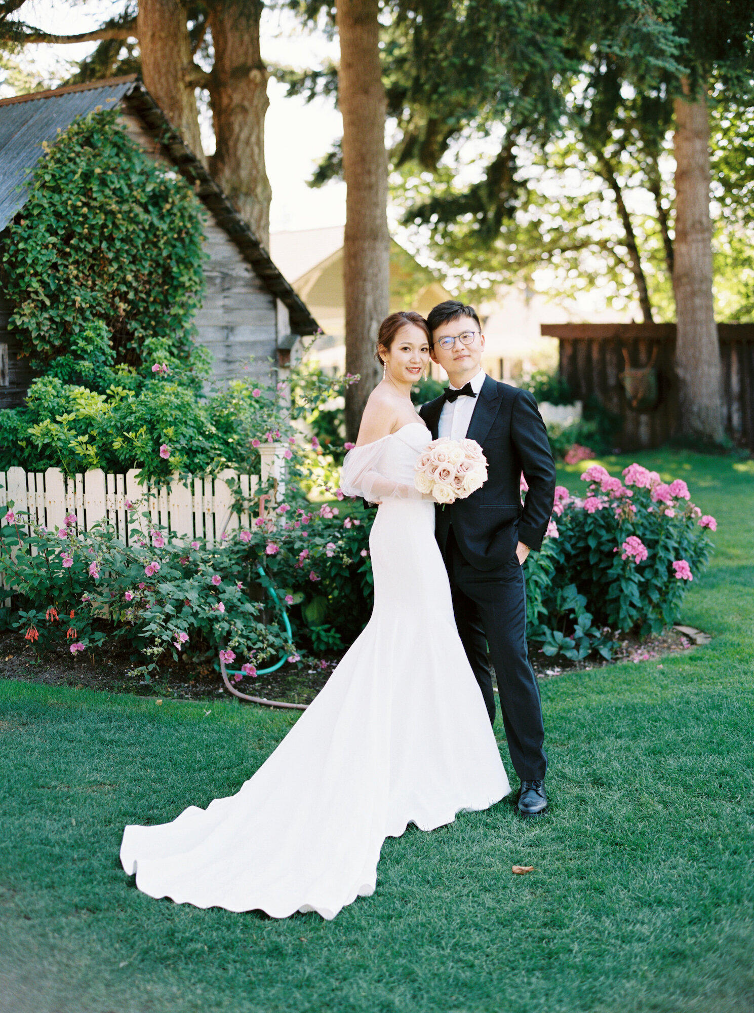 classic bride and groom portrait in garden wedding