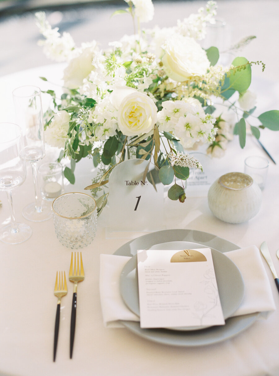 grey white and green wedding table decor place setting