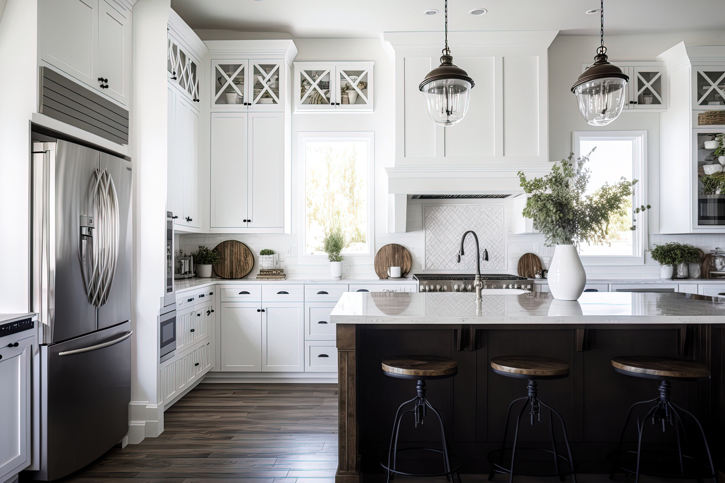 CT kitchen remodel with cabinetry with glass windows. Dark hardwood floors and white countertops. 