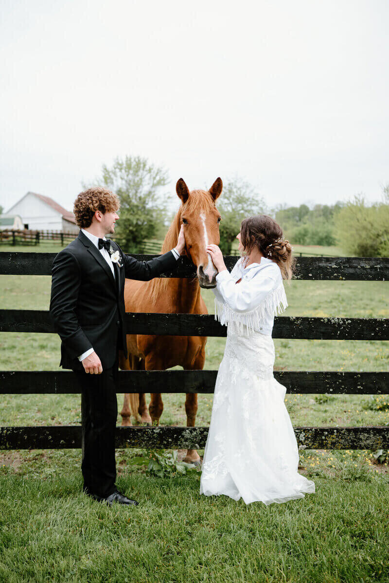 bride and groom with horse by lexington wedding photographer