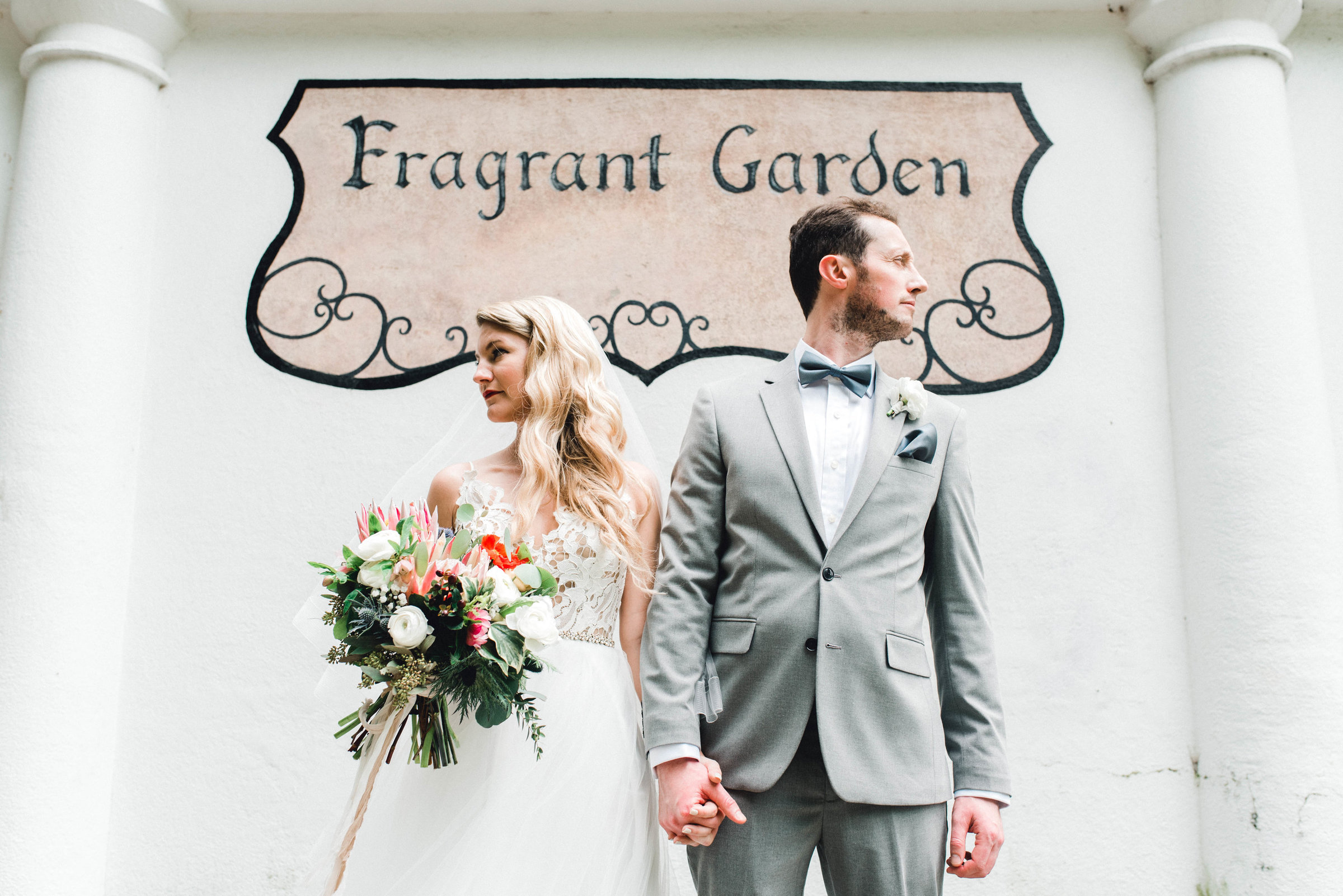 Bride and Groom first look Forsyth Park Fragrant Garden