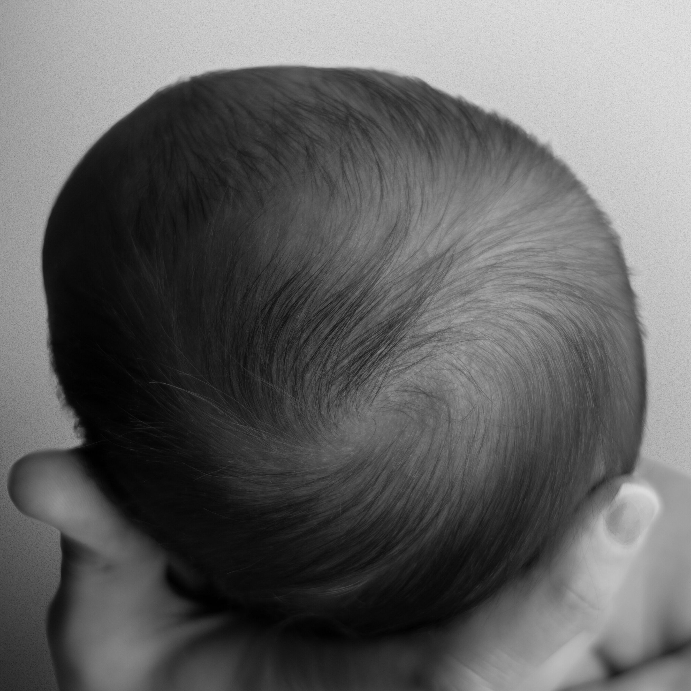 Close up detail of a Minot AFB  newborns hair swirl