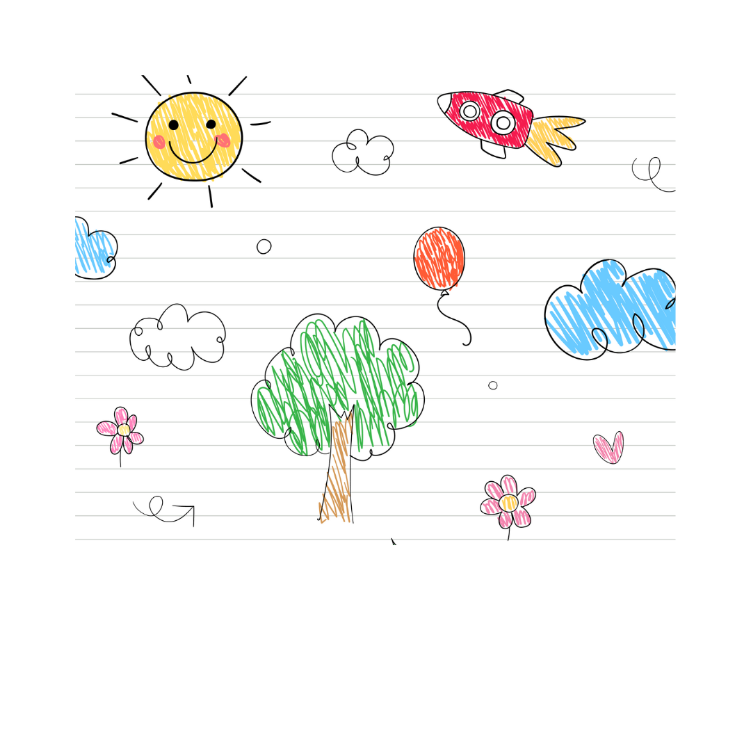 A child's illustration of a sun, rocket, ballon, and clouds on a white lined paper