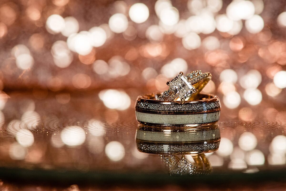 Rose Gold diamond ring and grooms ring with copper white and siler detailing