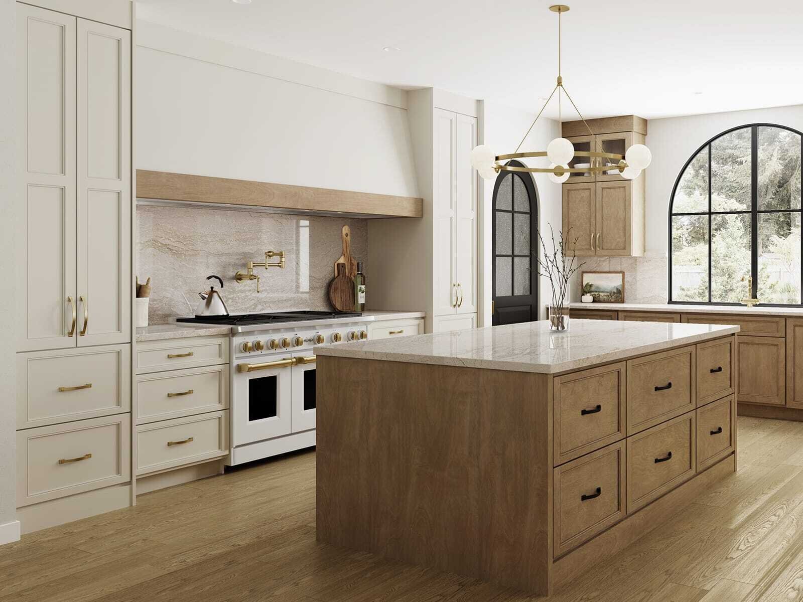 Driftwood cabinetry kitchen design with black hardware. 