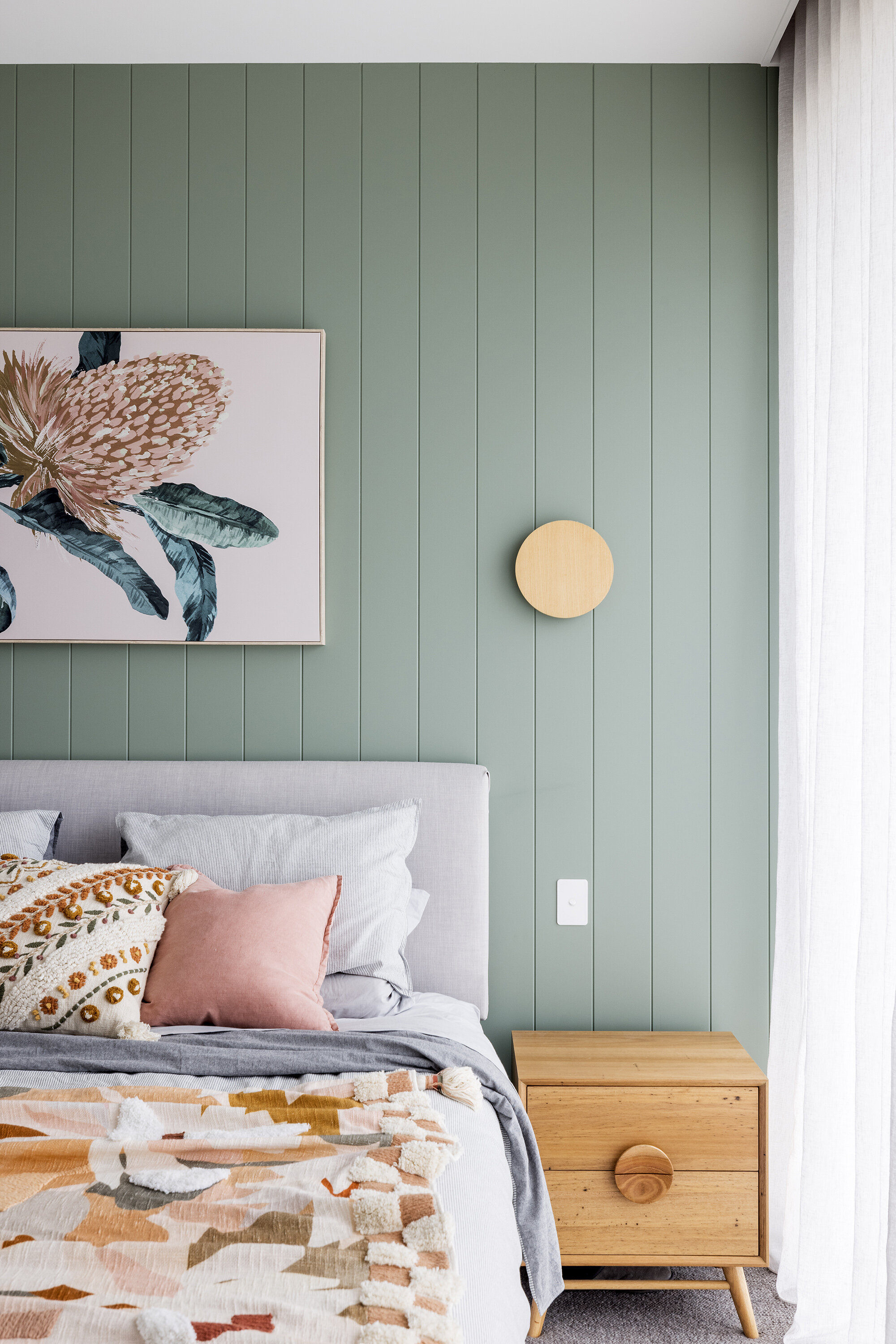 green wall panelling in bedroom sage wall sheer curtains interior design