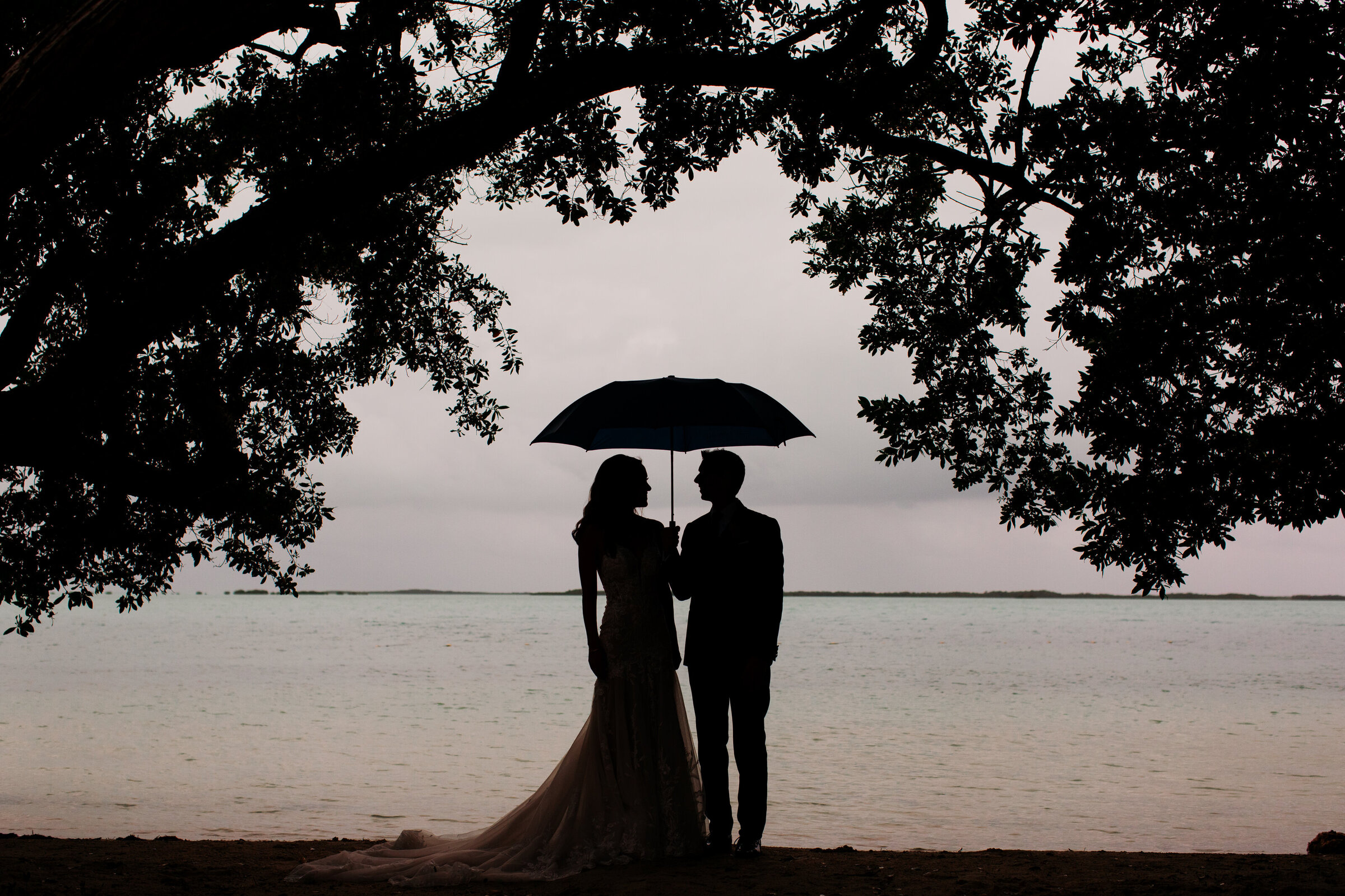 wedding couple under umbrella