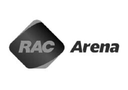 RAC Arena logo with a tilted black diamond shape and bold lettering.