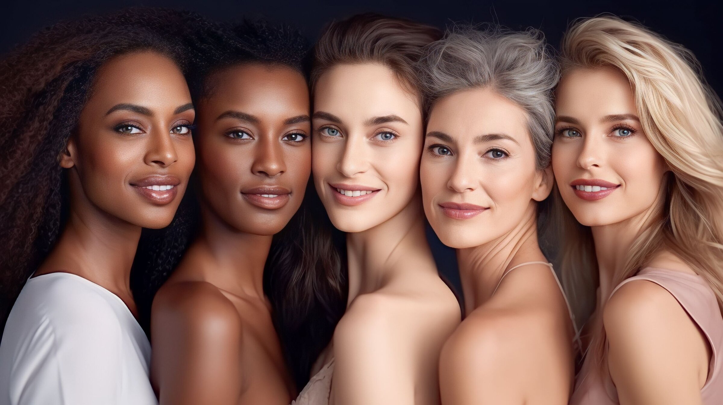 Five attractive woman of different ages and races smiling and posing close together