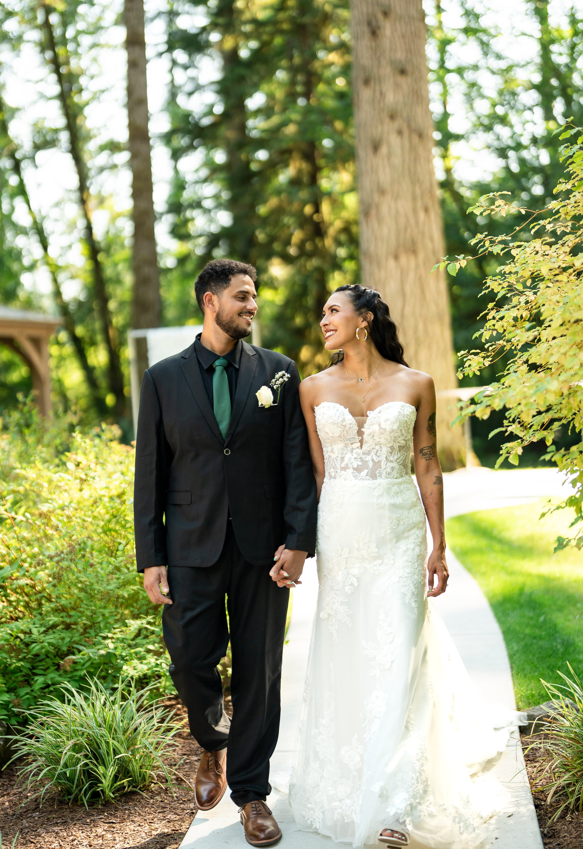 couple phots during wedding bride and groom looking at each otther