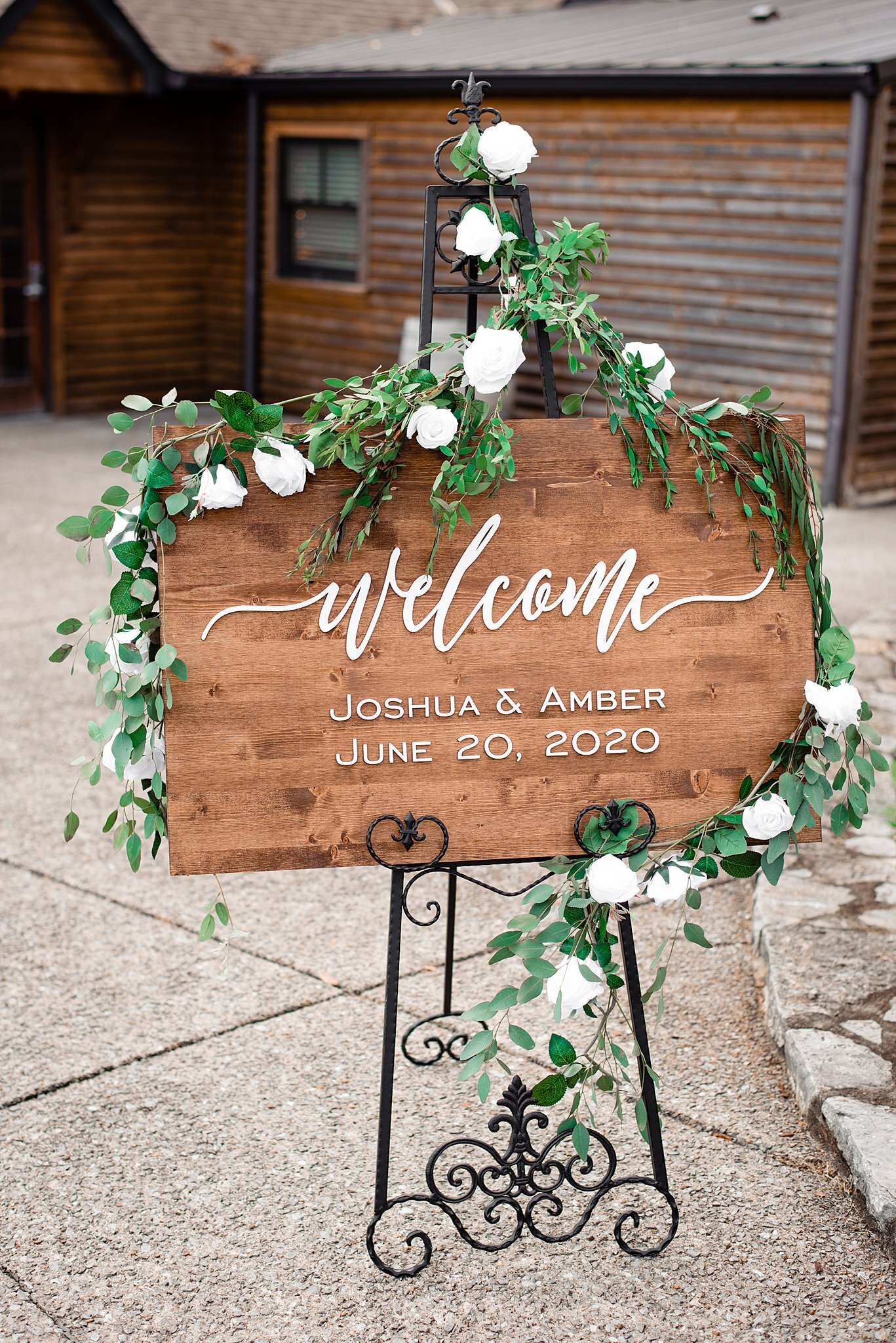 Wooden Wedding sign with custom names and date welcoming guests on their wedding day