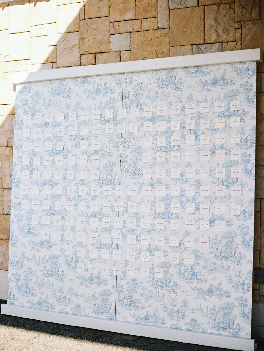 custom made blue and white wedding seating chart