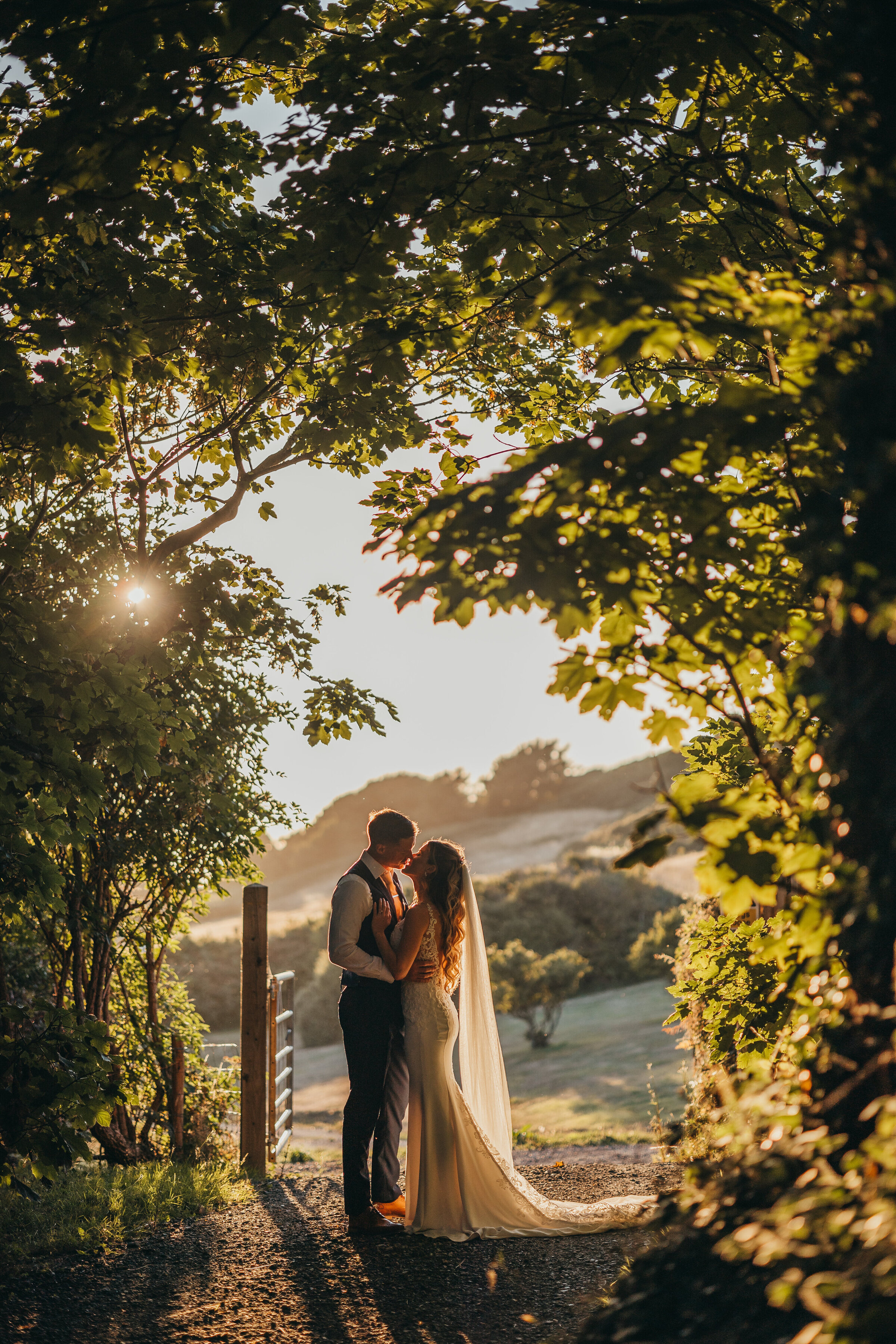 bride and groom kiss under trees amongst golden sunlight