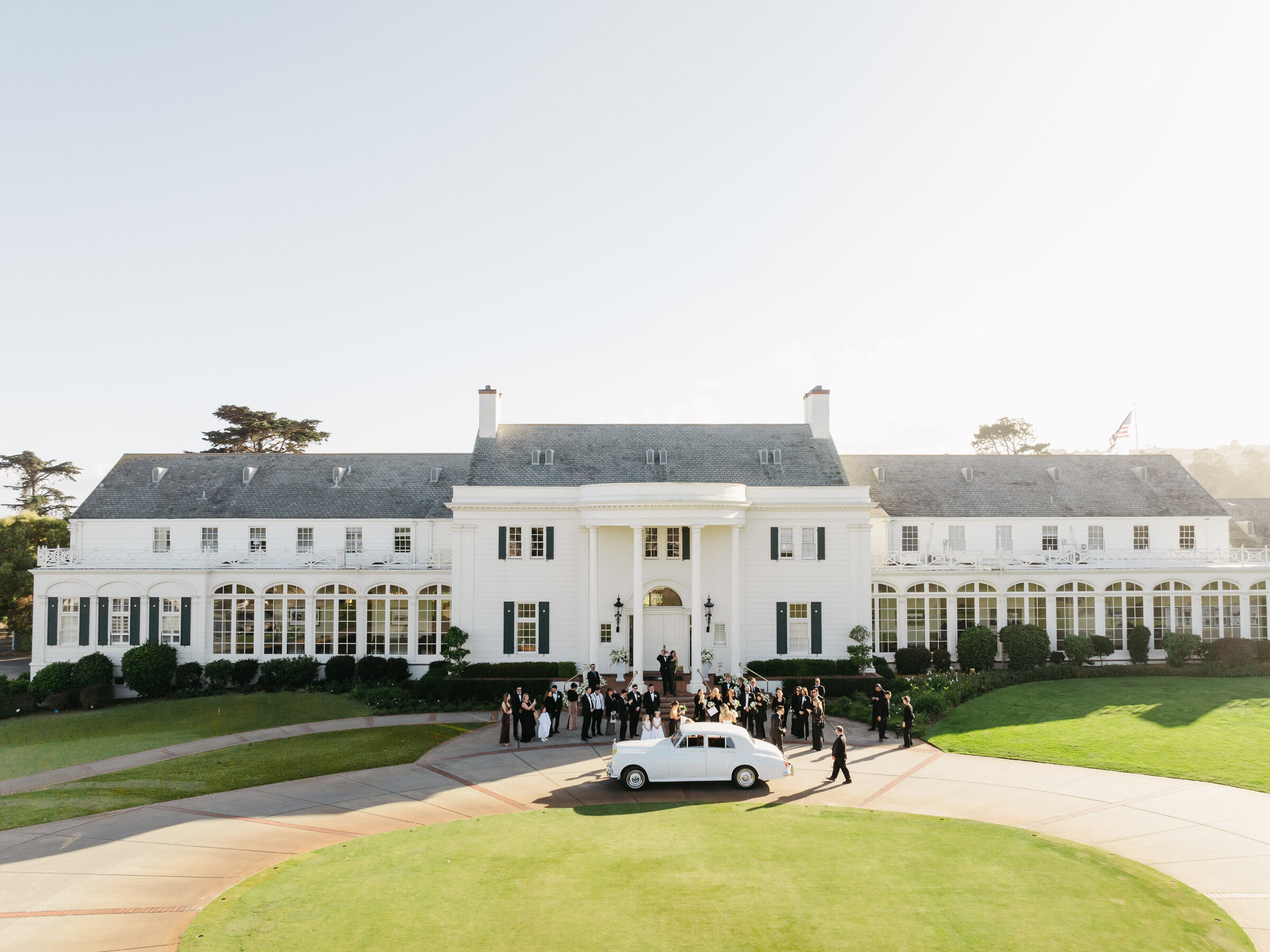 san francisco golf club wedding, aerial view with vintage care