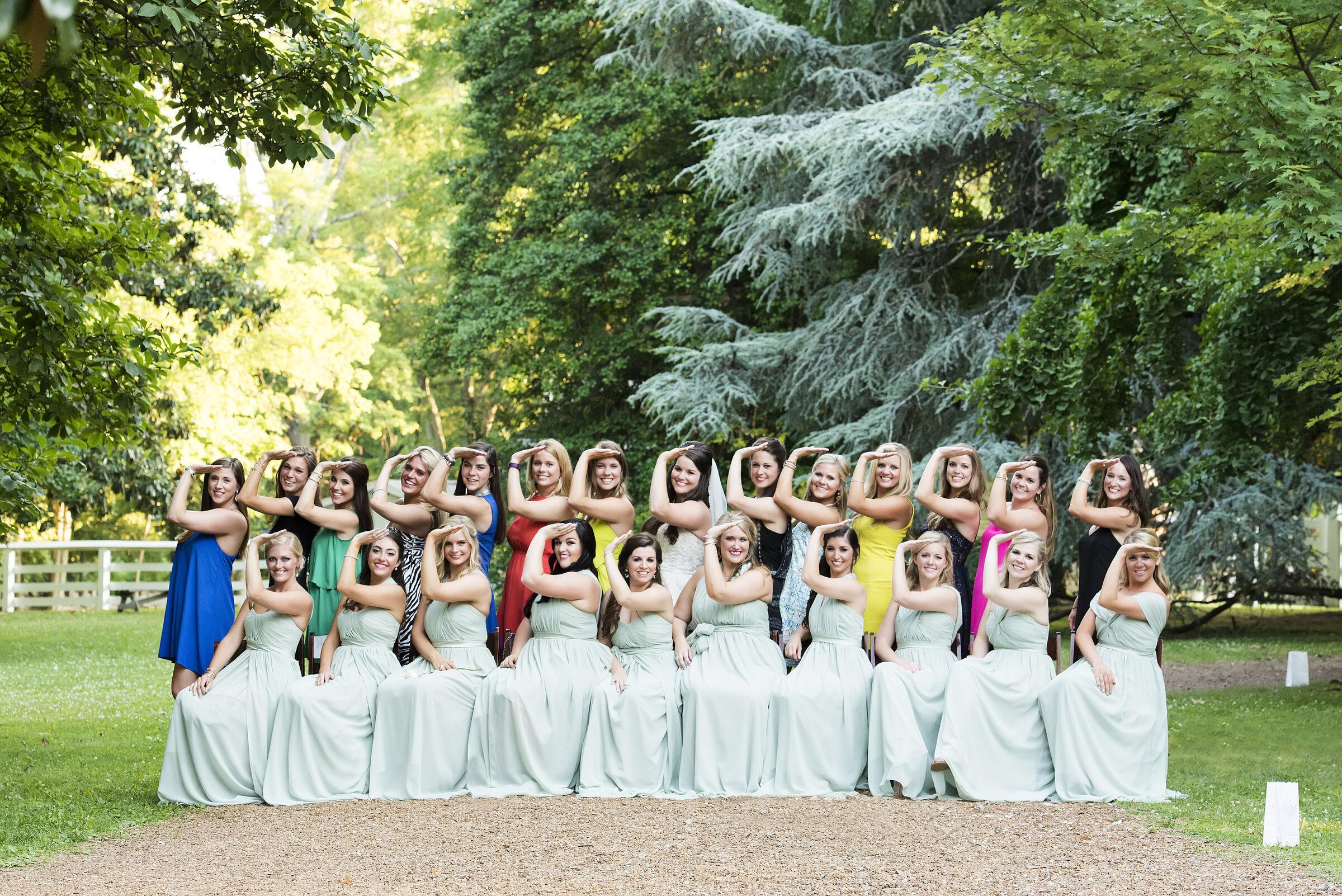 Bride with all of her Delta Gamma bridesmaids together on her wedding day at Travellers Rest