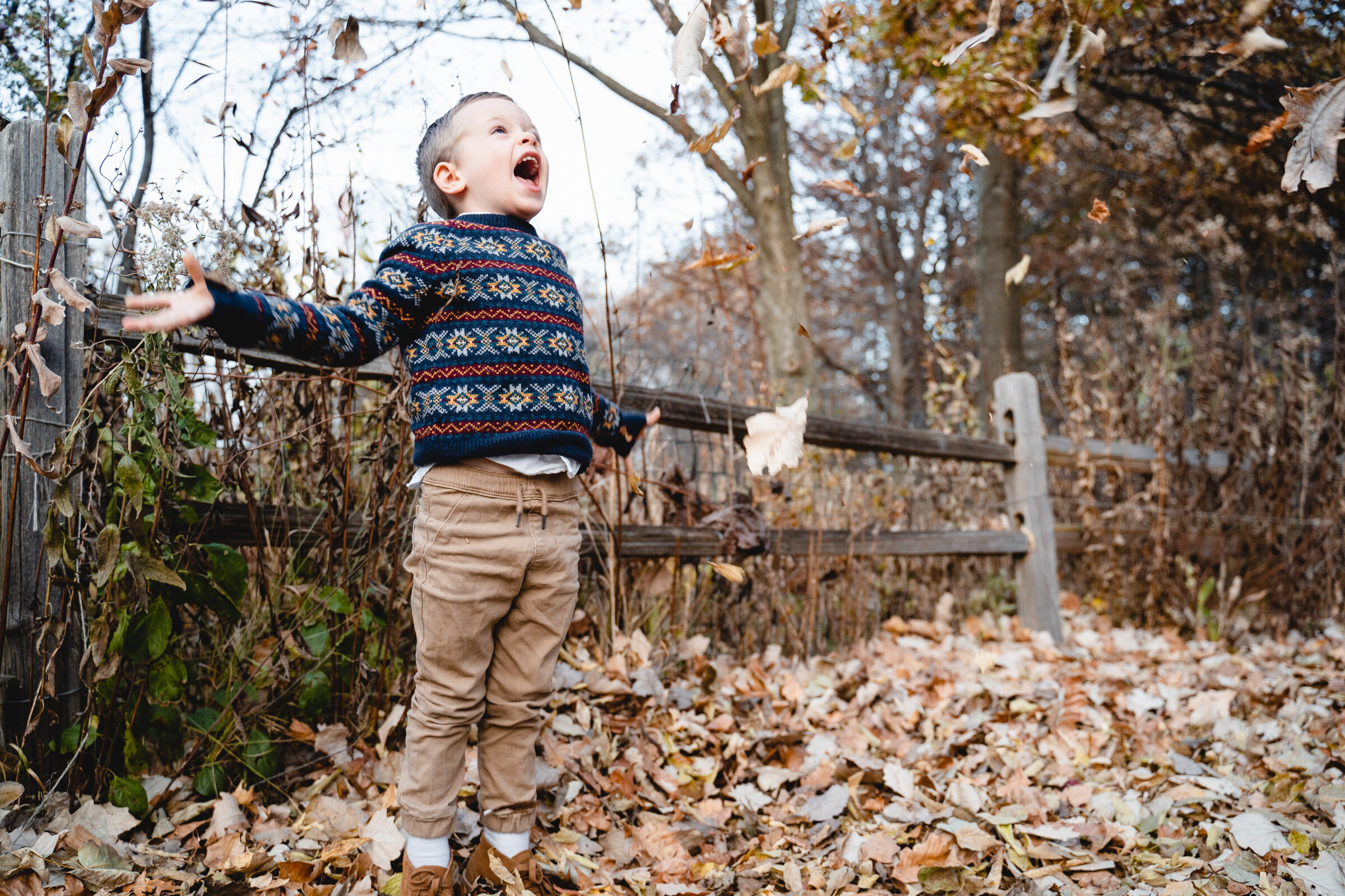 Kid throwing leaves for family photos in chicago