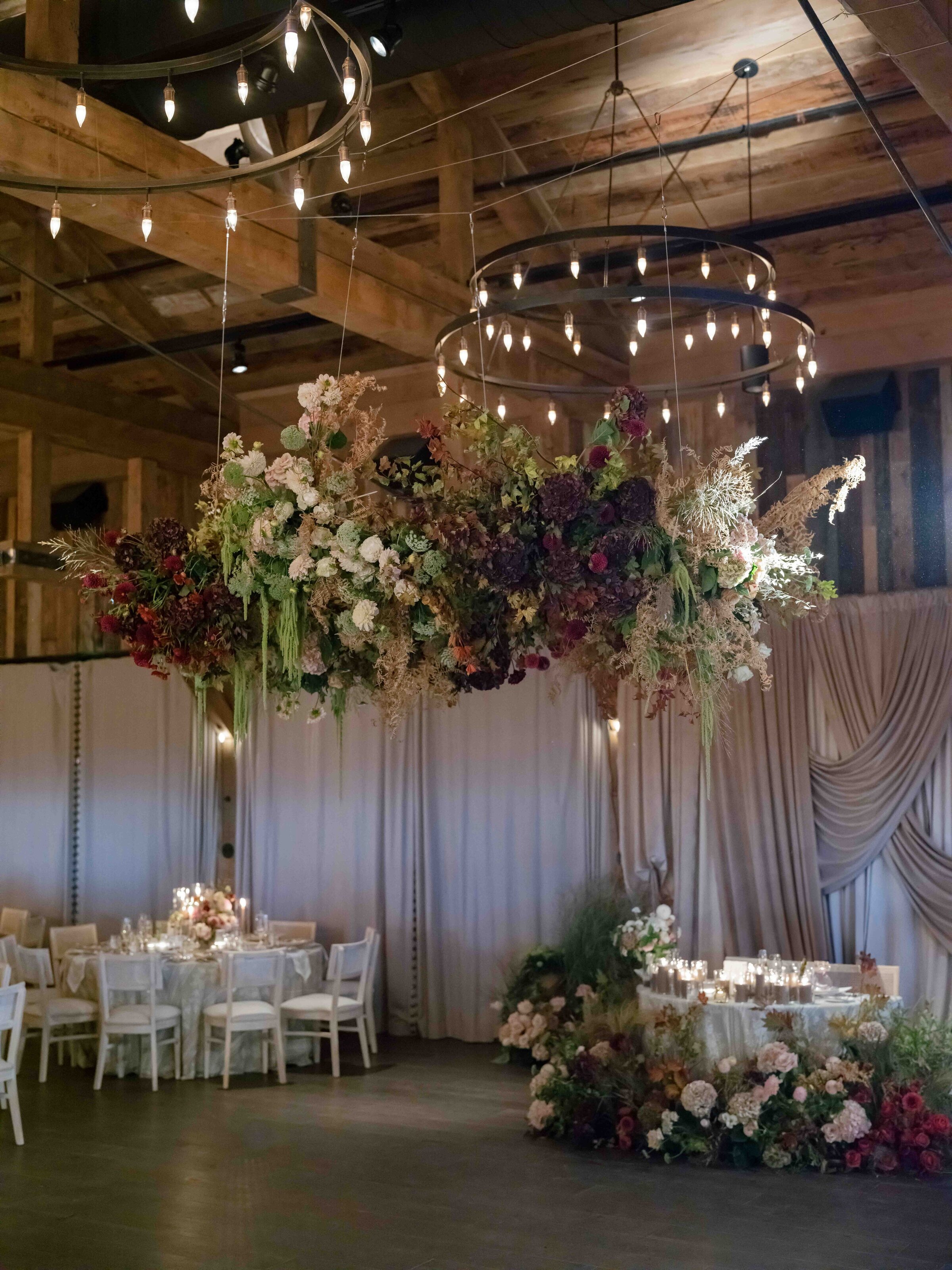 Reception design with hanging florals.
