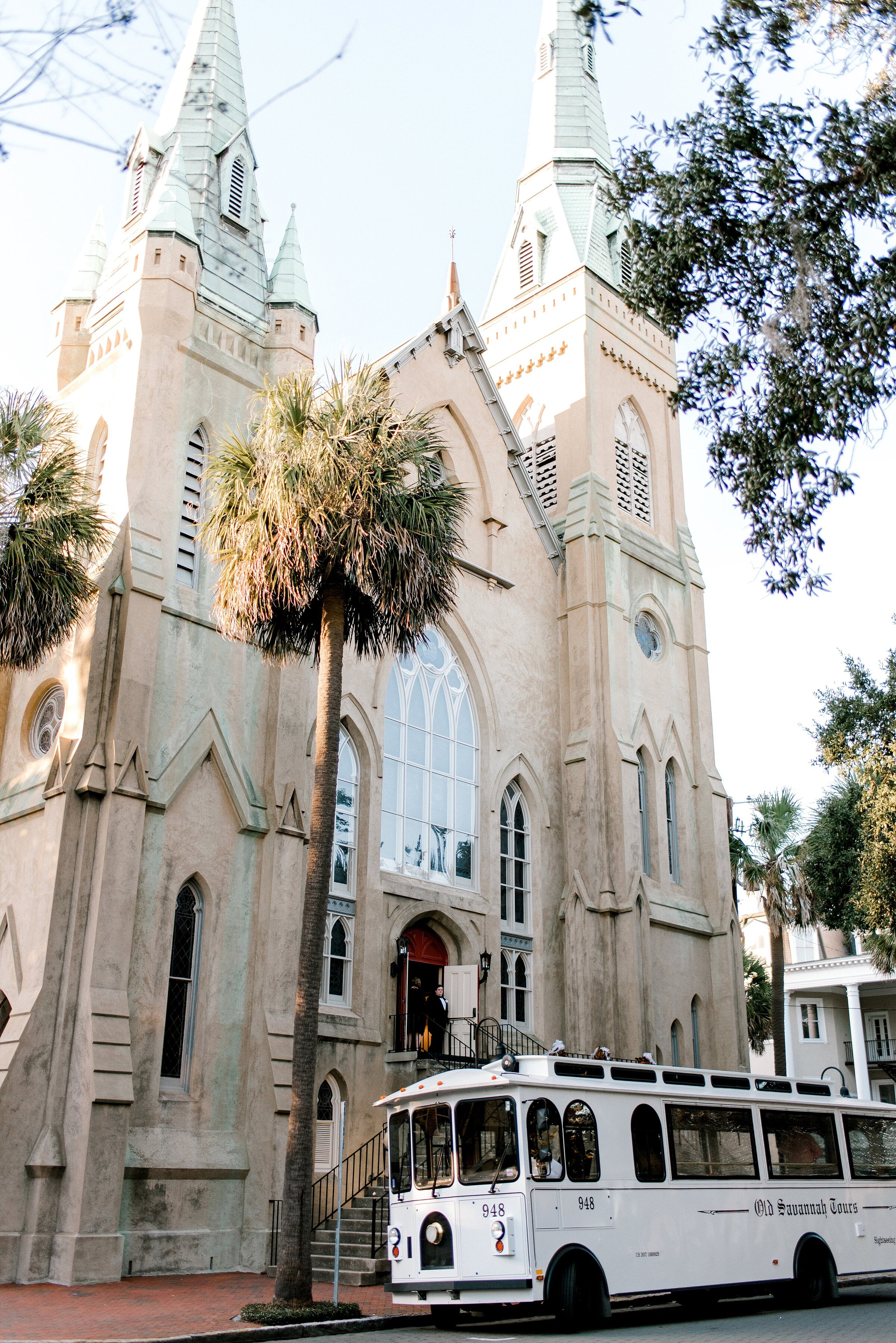 Church with trolley Savannah Georgia