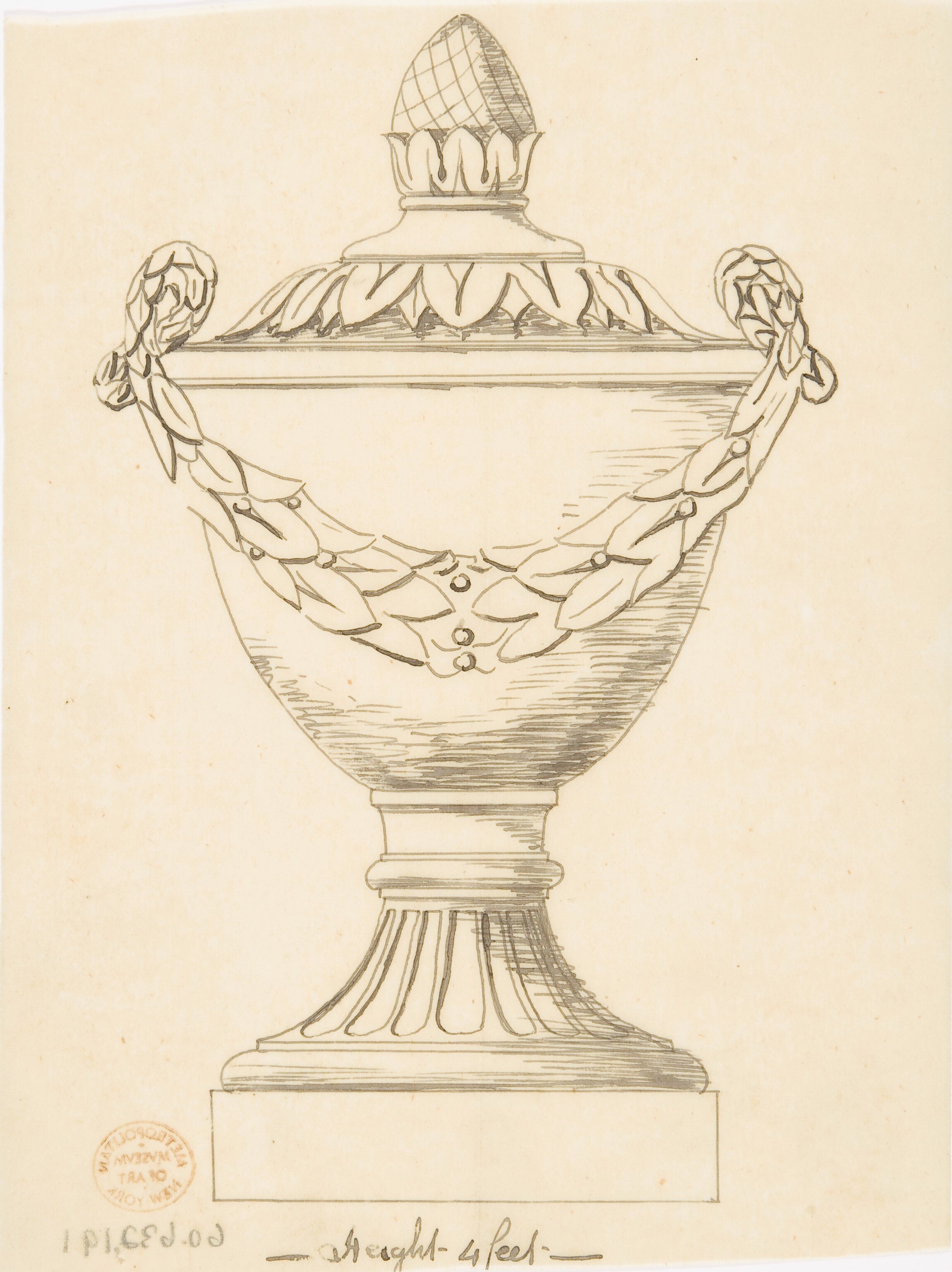 Antique urn sketch of an urn that is highly decorative with vines with berries going up to the top of the urn  sides