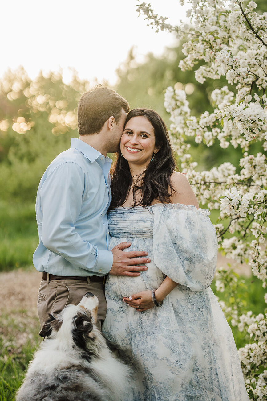 pregnant couple pose with dog in spring blossoms for boston maternity photos
